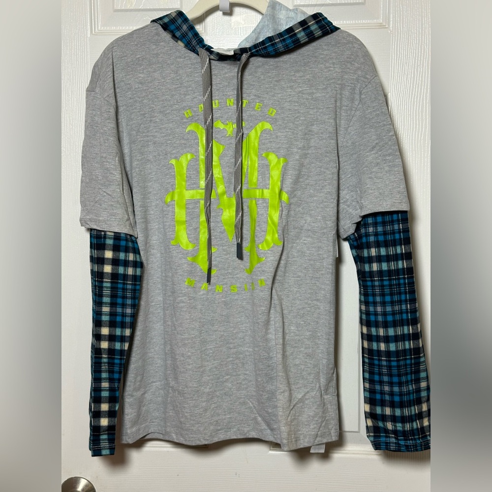Disney Gray Haunted Mansion Hoodie with Blue Plaid Sleeves